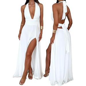 XinFSh Women's Halter V Neck Wedding Guest Maxi Dress Sexy High Slit Bow Tie Beach Vacation Long Formal Dresses, S