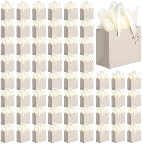 Qilery 50 Pcs Wedding Paper Gift Bags Bulk with Tissue Paper Small Gift Bags with Handle and Tags for Birthday Wedding Mothers' Day Party Business(Champagne,4.7 x 2.4 x 3.9'')