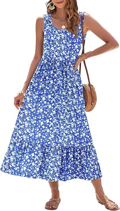 AUSELILY Womens Summer Dresses 2026 Sleeveless Maxi Dress Square Neck Casual Tiered Long Dress with Pockets 3XL