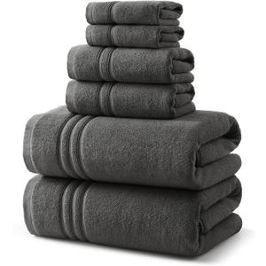REDKISS Dark Gray Towels Set 6 Piece Cotton Towel Sets with 2 Bath Towels, 2 Hand, 2 Washcloths, 650GSM Hotel Quality, Soft, Highly Absorbent Towels for Bathroom Gym, Ideal Everyday Use