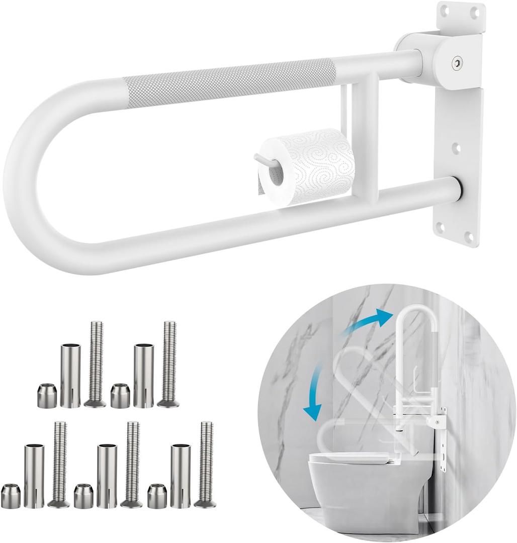 Toilet Grab Bar 22.4 Inch Chrome, Munzong Anti-Slip Handicap Grab Bars with Paper Holder, Flip-Up Bathroom Safety Rails, Stainless Steel Knurled Support handrails for Seniors Elderly Disabled Pregnant