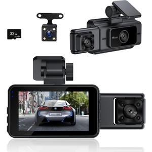 HD Front, Dash Cam Center and Rear Dashboard Camera, HD Three-Camera car Recorder, Support Loop Recording, with G Sensor, Free 32G Memory Card