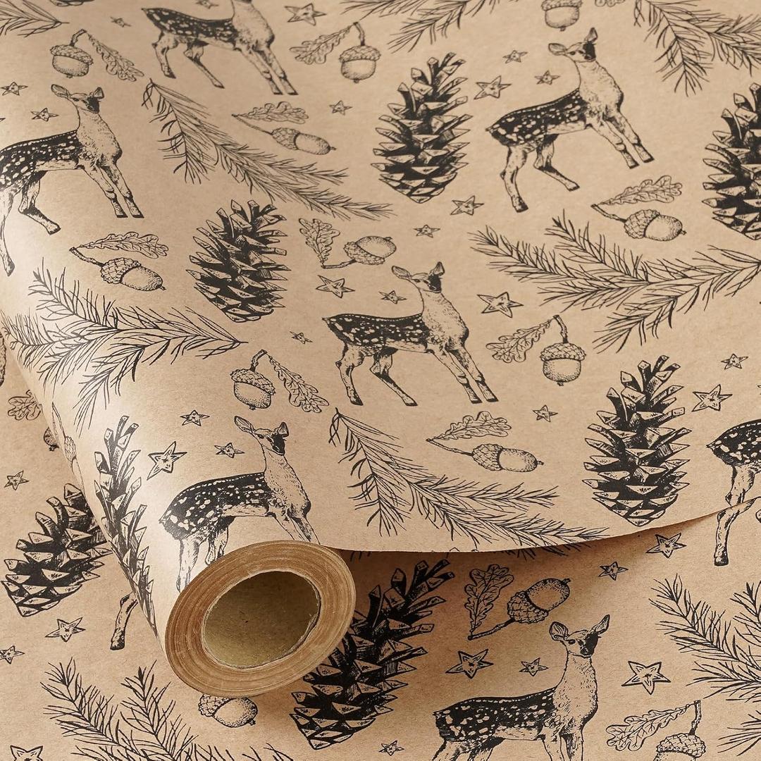 RUSPEPA Kraft Christmas Wrapping Paper Roll, Mini Roll, Vintage Black Forest Reindeer and Pinecone Design, Rustic Woodland Gift Wrap for Family, Friends, Christmas, Holiday, 17 Inches x 16.4 Feet