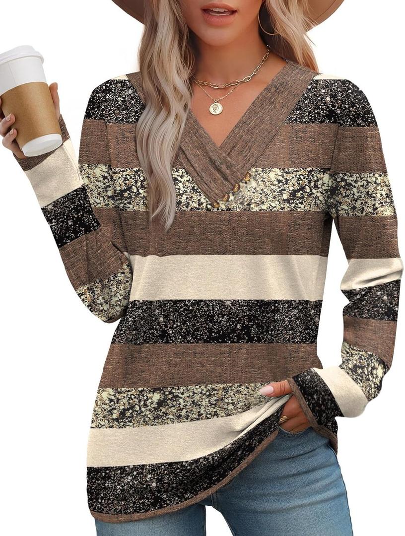 WIHOLL Long Sleeve Shirts for Women Fall Outfits V Neck T Shirts Button Down Tunic Tops Fashion Clothing (Large, Brown Stripe)