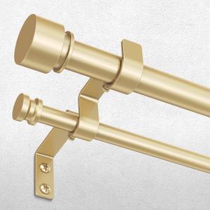 Double Curtain Rod, Gold Extra Long Dual Curatin Rod for Windows 72 to 144 Inches, 1" Adjustable Heavy Duty Window Treatment Rods with End Cap Finial, Decorative Spliced Metal Drapery Rods