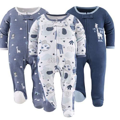 The Peanutshell Baby Sleepers for Boys Set of 3 - Newborn Baby Clothes, Soft Cotton Boy Footed Pajamas, Newborns & Infants Clothes Gift Set - Blue Safari