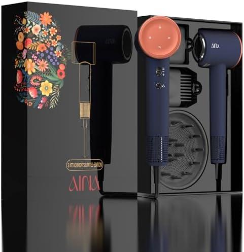 AINA Hair Dryer, Blow Dryer with Diffuser Brush Comb for Women - BLDC Hair Dryer - Brushless Motor, 110, 000 RPM Lightweight, Ionic Travel, 3 Magnetic Attachments 110V/ ALCI(Blue)