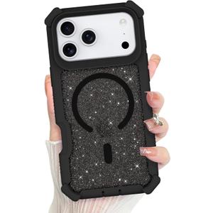 Bonoma for iPhone 17 Pro Max Case 2025, Sparkly Glitter Bling Back, Magnetic Support for MagSafe Shockproof Cover, Crystal and Corner High-Duty Protection for Girls Women -Black
