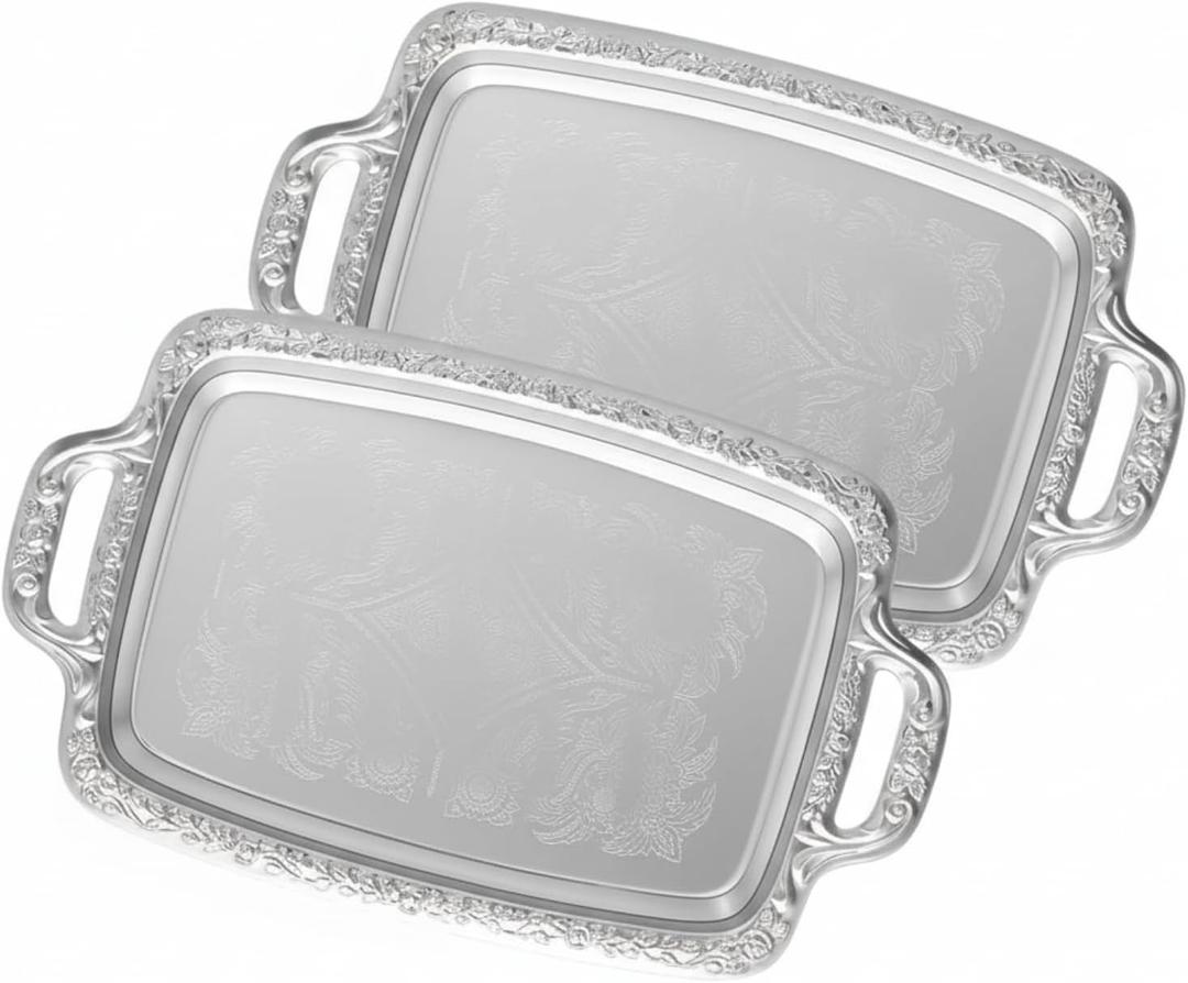2 Pcs Silver Serving Tray Elegant Floral Metal Plate Silver Platter for Buffet Wedding Party Jewelry Decorative (Oblong with Handle)