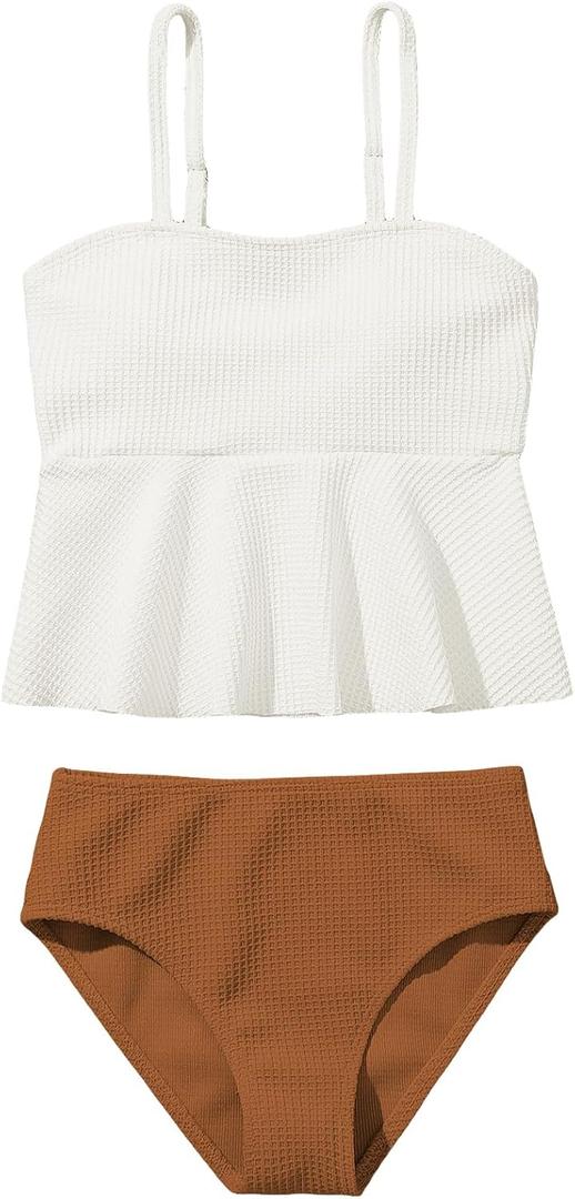 SHENHE Girl's 2 Piece High Waisted Ruffle Waffle Swimsuit Bathing Suit Bikini Sets (Brown)