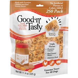 Good n Tasty Triple Flavor Mini Churro Style Twists, 250 Count, Gourmet Dog Treats Made with Chicken and Peanut Butter (EXP 12/01/26)