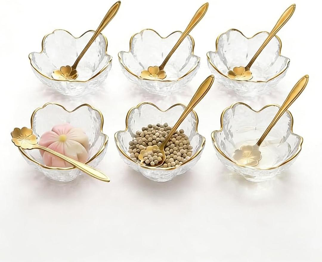 3.3“ Small Sakura Dipping Bowls Set with Gold Spoons，Clear Glass Sauce Dishes with Gold Trim for Soy Sauce, Sushi, Snacks, and Party Appetizers（6 Bowls+6 Spoons）