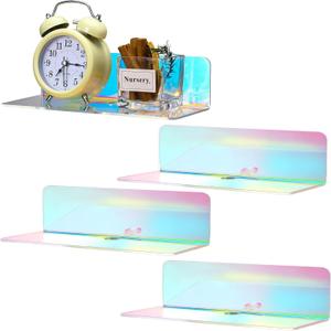 Weysat Floating Shelves for Wall 9 Inch Acrylic Small Wall Hanging Shelves Adhesive Screwless Display Holder with Cable Clips and Stickers for Bathroom Bedroom Office(Iridescent,4 Pcs)