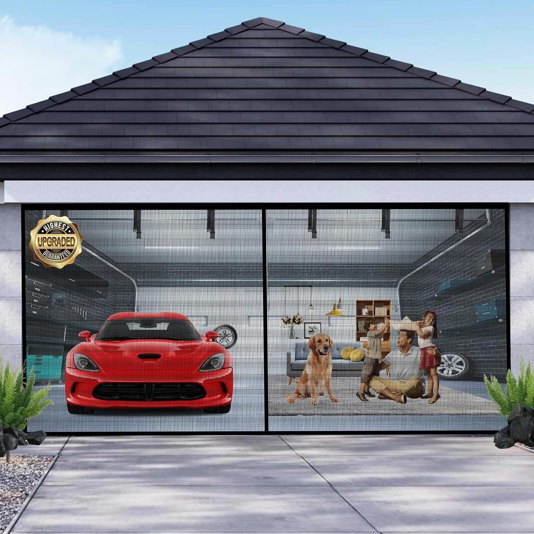 Garage Door Screen for 2 Car Garage 18x7FT, Magnetic Screen Garage with Retractable Fiberglass Mesh and Heavy Duty Weighted Bottom, Easy Assembly & Pass, Hands Free Screen Door Kit