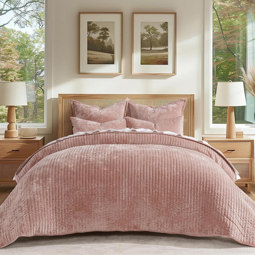 EverGrace Velvet Quilt Set Queen Size, Luxurious Soft Striped Channel Bedding Set, Lightweight Velvet Comforter for All Season, Oversized Bedspread Coverlet with 2 Matching Shams, Pink Clay