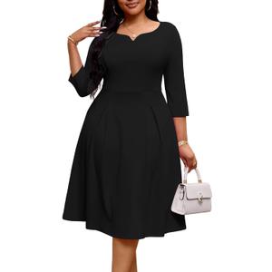 Nmoder Casual Dresses for Women, Fit and Flare A-Line Swing Dress 3/4 Sleeve Church Cocktail Midi Dress with Pockets (Black, XXL)