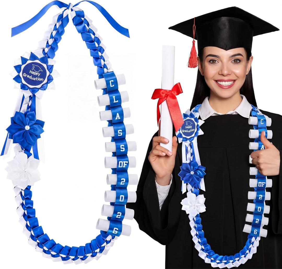 Lyrow 2026 Graduation Money Lei with Cash Holder 48 Inch Extra Long Braided Ribbon Lei DIY Graduation Garland for Cash Gifts Class of 2026 Grad Party Decorations (Blue & White)