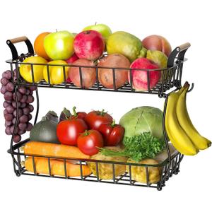 2-Tier Countertop Fruit Basket Bowl Storage with Two Banana Hangers and Wooden Handles, Black