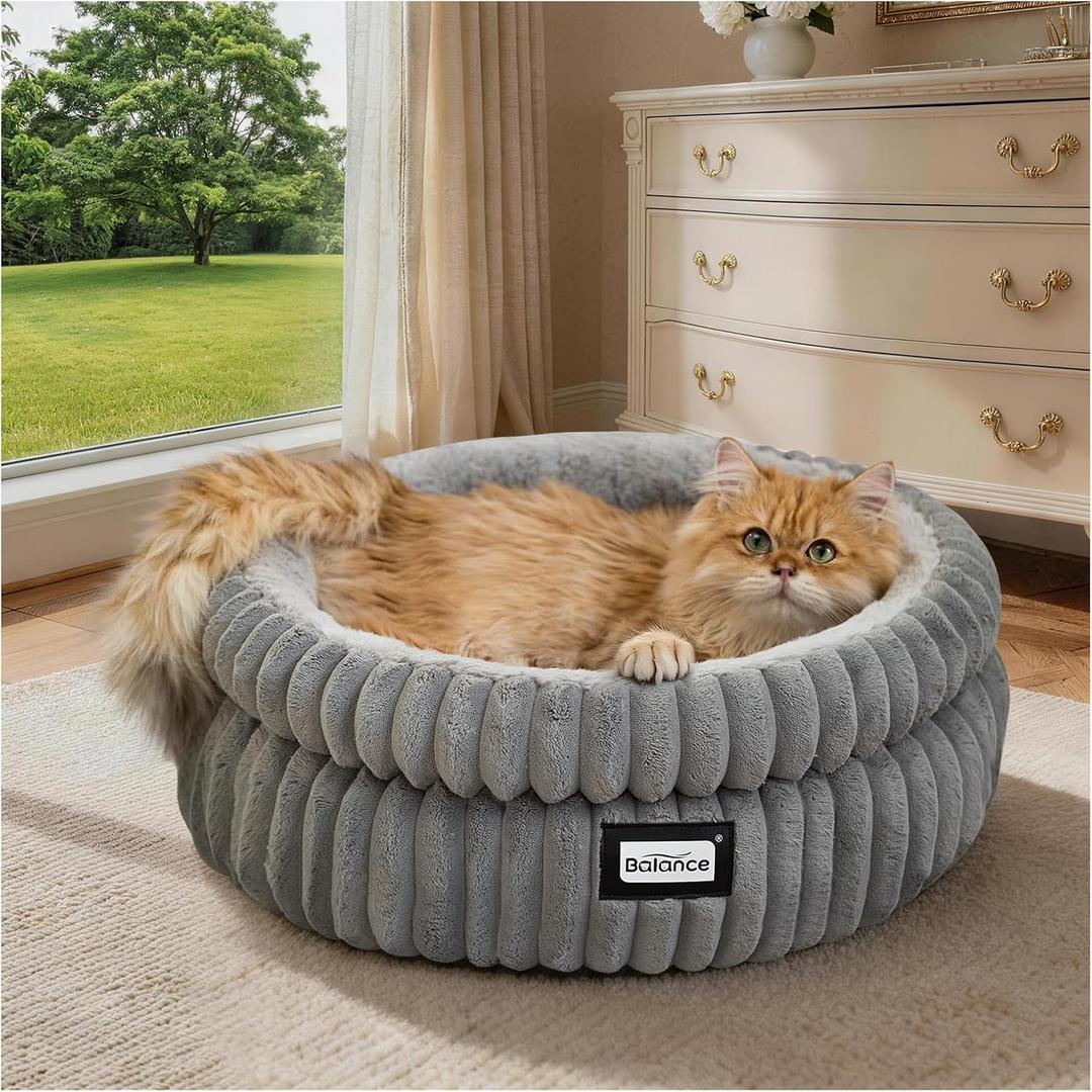BALANCE Cat Bed Kitten Bed, Washable Round Cat Beds for Indoor Cats, Super Soft Plush Faux Fur Pet Bed for Puppy and Kitten with Anti-Slip Bottom (Grey)  20.0"L x 20.0"W x 8"Th