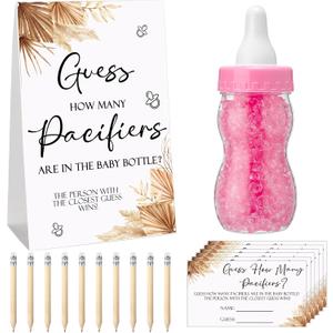 Roowest 512 Pcs Baby Shower Games Guess How Many Pacifiers Sign 100 Small Guessing Games 10 HB Pencils 750ml Milk Bottle 400 Acrylic Pacifiers Decoration for Guest Gender Reveal(Pink, Boho)
