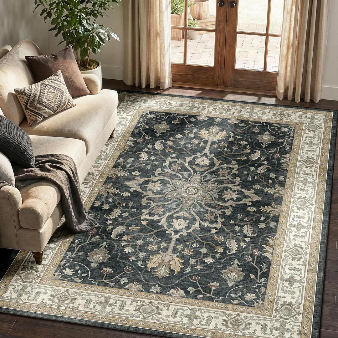 RELEANY Area Rugs 5'x7' Washable Non-Slip, Floral Vintage Distress Print Pattern Medallion Carpet for Living Room Bedroom Dining Room, Vintage Black Brown Neutral