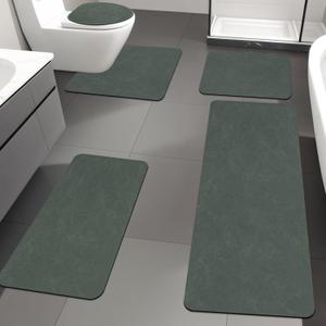 YIHOUSE Green Bath Mat Rug Sets 5 Piece,Thin Bathroom Rugs Fit Non Slip Bathroom Mat Quick Dry, Absorbent Rubber Bath Mats for Bathroom Floor,Shower