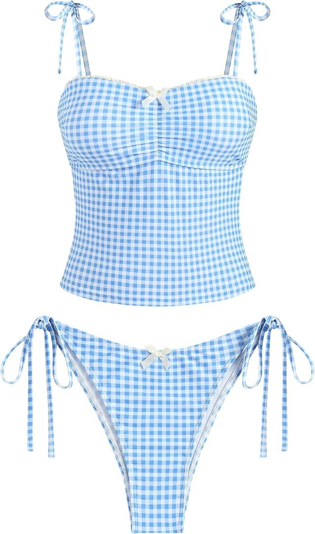 ZAFUL 2026 Tankini Swimsuits for Women Mesh Hollow-Out Tank Style Bow Knotted Decor Tie Side High Cut Tankini Set (Blue, L)