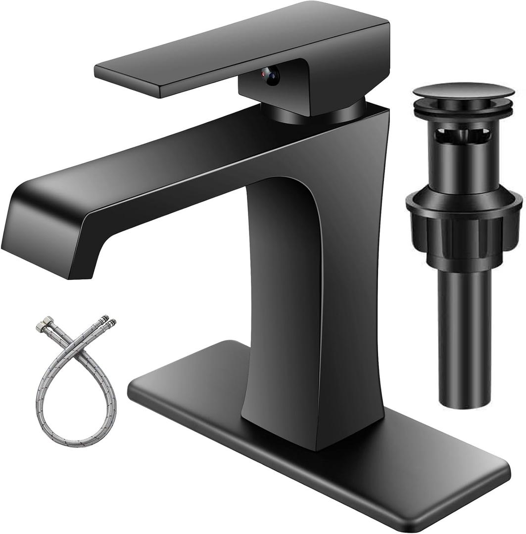 Bathroom Faucet Matte Black Single Hole Single Handle Vanity Sink Faucet Modern Waterfall Bathroom Faucet Commercial RV Faucet with Pop-Up Drain for 1 Hole - or 3-Hole 4-inch Bathroom Sink (Short, with pop-up drain)