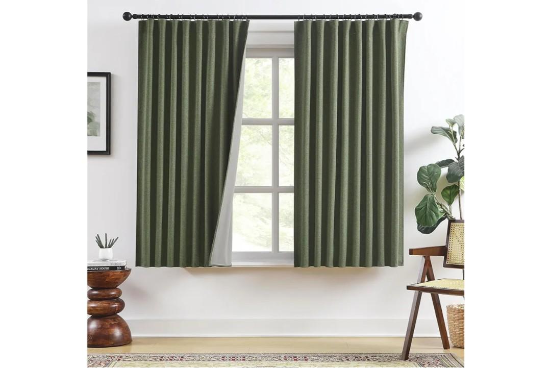 )
RAIN CITY Dark Olive Green Blackout Curtains Linen 63 Inches Long 2 Panels Set, Back Tab Pleated Look Thermal Insulated Curtains & Drapes for Living Room - Loden/Olive Forest W50 x L63