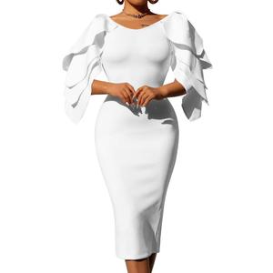 DAAWENXI Women's Elegant Ruffle Off The Shoulder Zipper Empire Midi Cocktail Dress (White, Medium)
