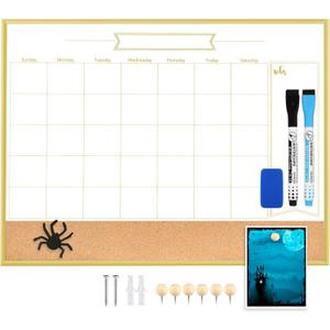 Whiteboard Calendar & Corkboard, 18" x 24" Dry Erase White Board & Bulletin Board, Gold Aluminum Frame Calendar/Cork Combo Board(ZHYL-Gold-4560-B+1) (24''18'')