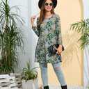 ENMAIN Women's Tops 3/4 Sleeve Dressy Casual Plus Size Tunic Tops to Wear with Leggings Swing Flare T-Shirt Loose Fit Blouses (B5-green Paisley)