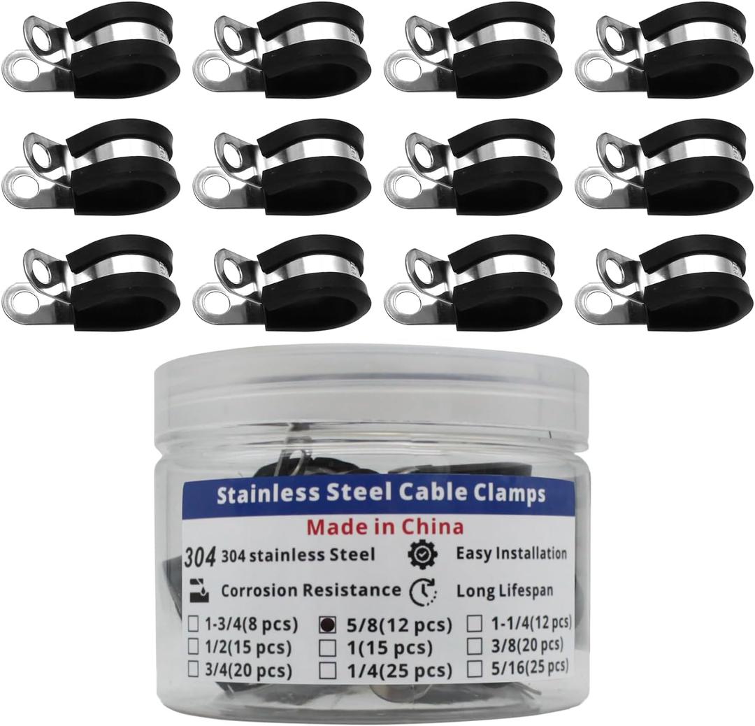 3 x 12Pcs Premium Stainless Steel Cable Clamps - 5/8 inch 304 Stainless Steel with Rubber Cushioned Insulation for Secure Installation of Pipes Tubes, and Wires
