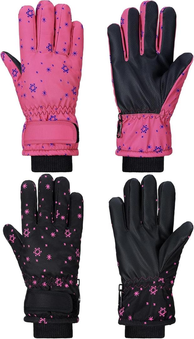 SATINIOR 2 Pairs Kids Waterproof Winter Snow Gloves Ski Gloves for Boy Girl Outdoor Warm Thickening Snowboard(Rose Red, Black,8-12 Years)