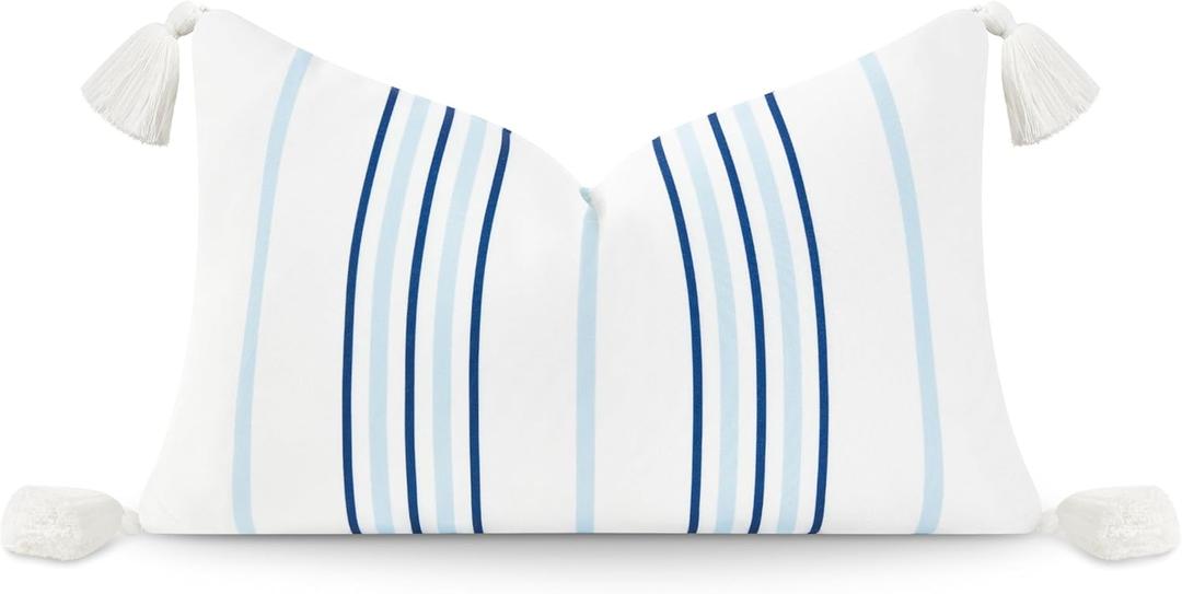 Hofdeco Premium Coastal Hampton Style Patio Indoor Outdoor Lumbar Pillow Cover Only, 12"x20" Water Resistant for Backyard, Couch, Baby Blue Navy Stripe White Tassels