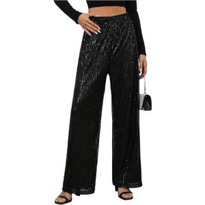 WDIRARA Women's Sequin Sparkle Pants Elastic Waist Wide Leg Party Club Trousers (X-Large, Black)