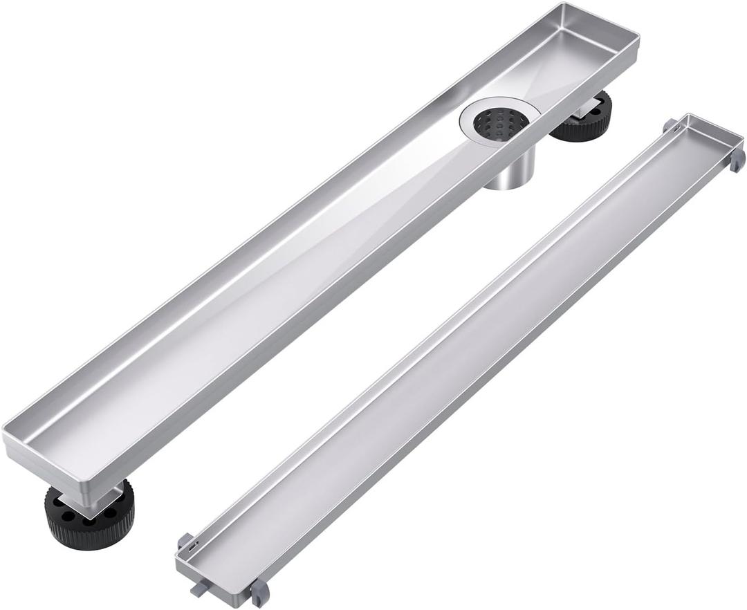 EXF Offset Linear Shower Drain 24 Inch Brushed with Reversible Flat & Tile Insert Cover, Stainless Steel Rectangle Shower Floor Drain with Hair Catcher, Adjustable Feet