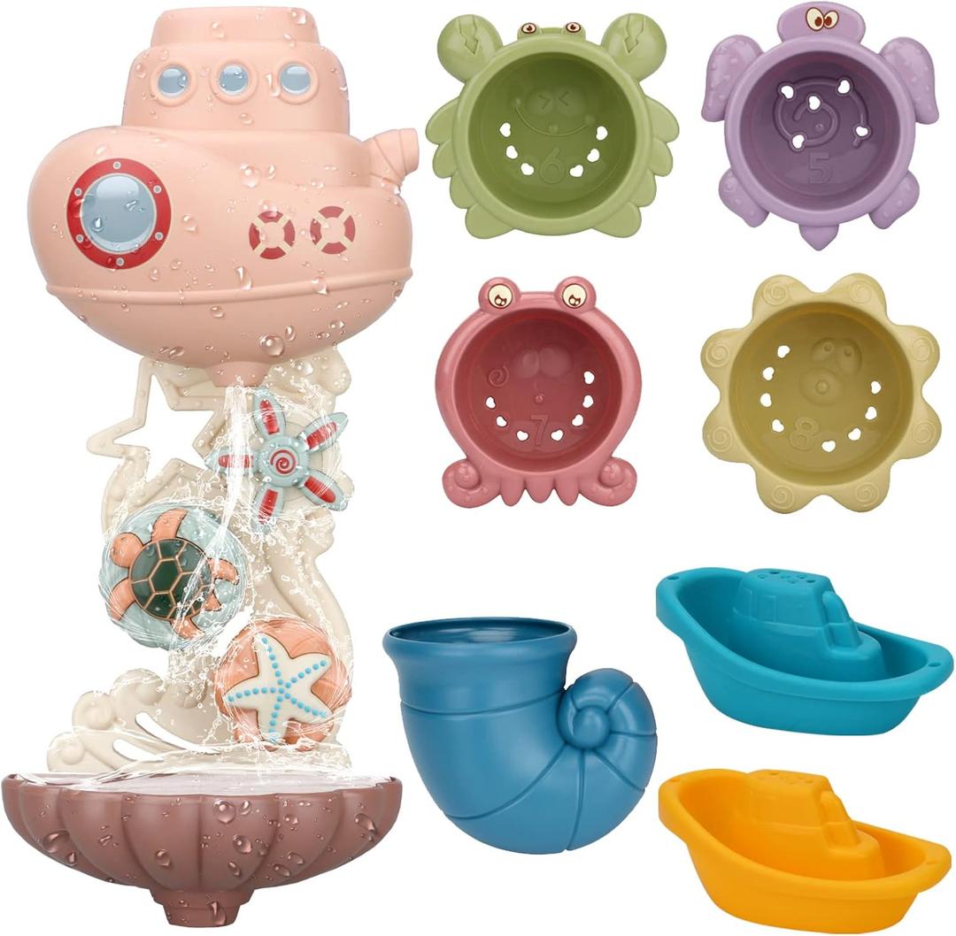 Bath Toys for Toddlers Age 2-4, Bathtub Water Toys for Kids Age 1-3, Toddler Bath Toy Contains 4 Stackable Cups and 2 Boats and 1 Conch Spoon, Gift for Infants Boys Girls 6-12 Months (Gray)