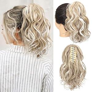 SEIKEA 12" Highlight Ponytail Extension, PT001 Ella Claw Short Thick Wavy Curly Jaw Clip in Fake Pony Tails Fake Hair Soft Natural Looking Synthetic Hairpiece Medium Blonde White Blonde Highlights
