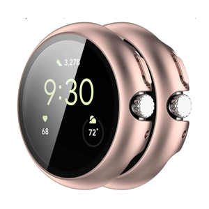 HANKN 2 Pack Hard Case for Google Pixel Watch 4 45mm Tempered Glass Screen Protector Case, Overall Protective Ultrathin Bumper Cover (Rose Gold x 2, Pixel Watch 4 45mm) [Can't Charge with Case]