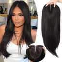 Soft Black Synthetic Hair Toppers for Women with Thinning 5x6 inch Large Base Coverage Clip in Wispy Bangs Upgraded Adjustable Bandage 24 Inch Long Layered