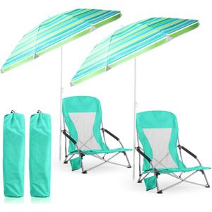 Huwena 2 Pack Beach Chairs with Umbrella for Adults, Low Folding Chair Set, Adjustable Detachable Umbrella, Lightweight Portable with Cup Holder & Carry Bag, for Beach Camping Travel(Green)