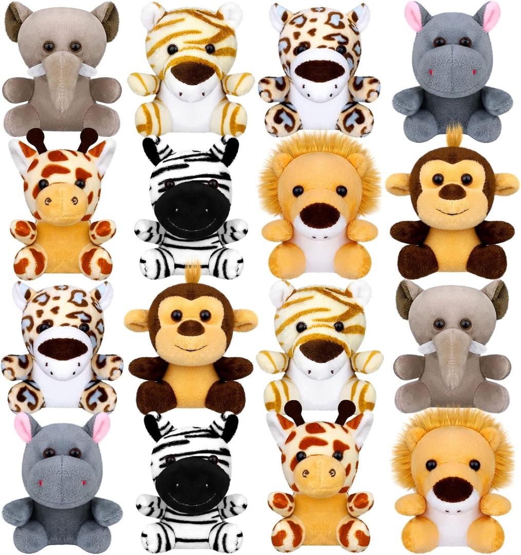 Elcoho 16 Piece Safari Mini Stuffed Jungle Animal Set - Small Stuffed Forest Animal 3.75 Inch Animal Keychain Plush Toys for Kids Birthday Parties