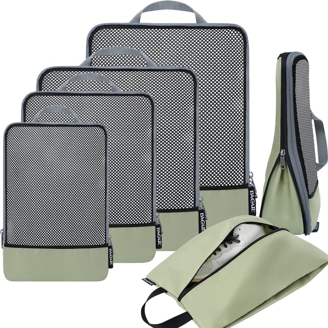 BAGAIL 4 Set/6 Set/8 Set Compression Packing Cubes Travel Accessories Expandable Packing Organizers (Half Mesh, 6-Matcha Green)
