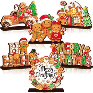 6 Pcs Christmas Table Decorations Gingerbread Table Centerpieces Farmhouse Gingerbread Man Wooden Sign Rustic Candy Truck Merry Christmas Decor for Home Office Indoor Tiered Tray Decor