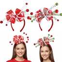 2 Pack Christmas Headbands for Women Christmas Candy Bow Headbands with Red Green Ball Cane Peppermint Elk Xmas Tree Headwear Hair Costume Accessories for Women Holiday Xmas Party Gift