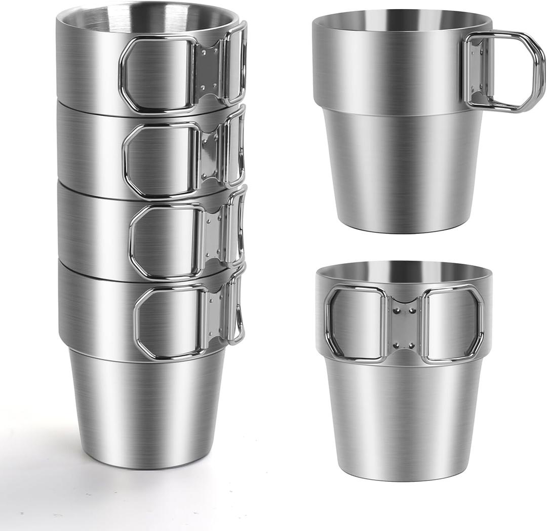 4-Pack Stainless Steel Camping Cups with Foldable Handle, 10 oz Camping Coffee Mugs with Double Wall Design, Ideal for Outdoor Activities, Travel, and Home Use