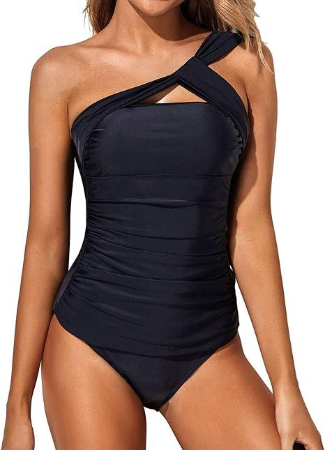 Tempt Me Two Piece Tankini Bathing Suits for Women One Shoulder Swim Top with Bottom Swimsuits Black XL