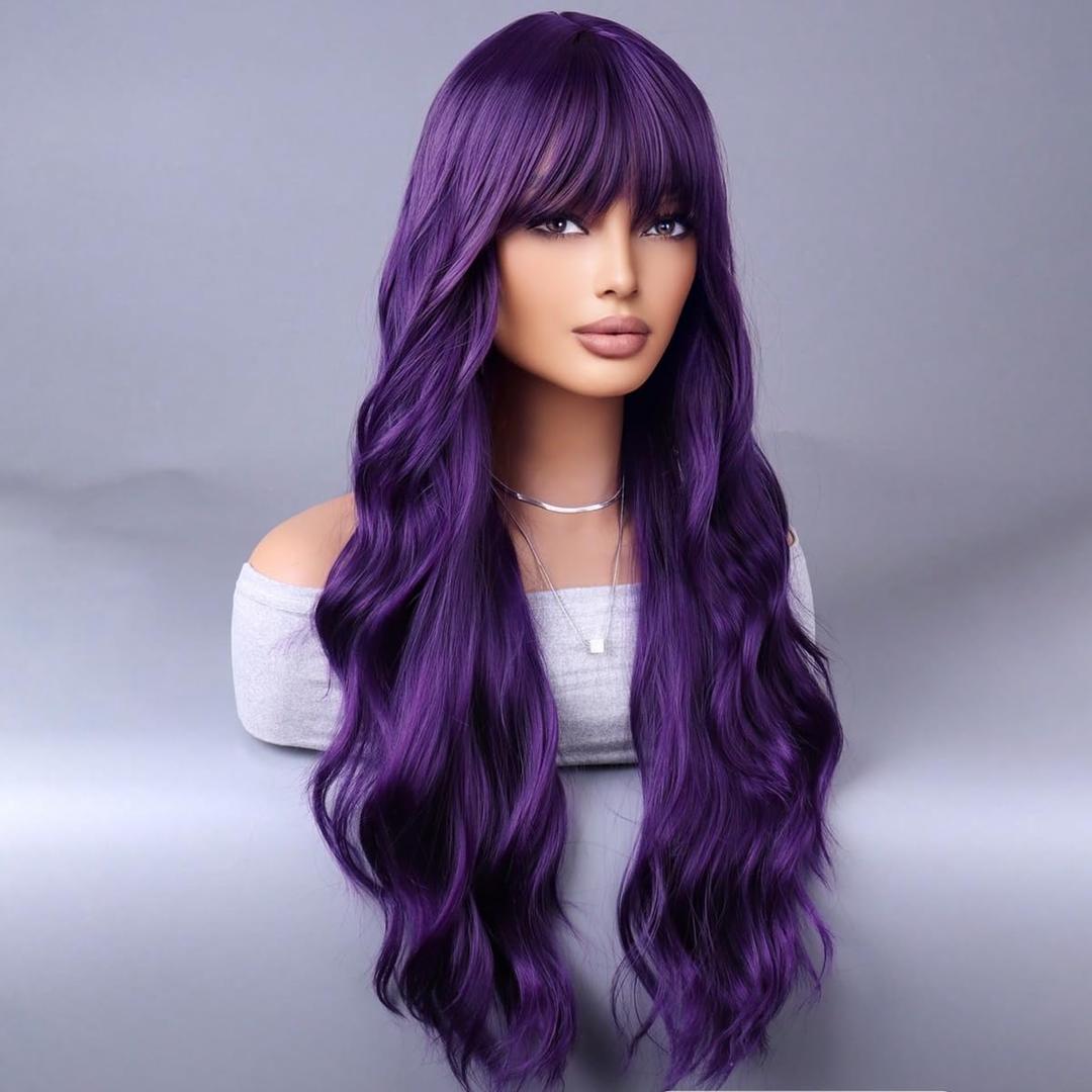 Dark Purple Long Curly Wavy Hair Wig for Women With Bangs Purple Wig Heat Resistant Synthetic Hair Wigs for Daily Use Cosplay Wig With Wig Cap