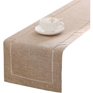 Tosewever Decorative Linen Table Runner Farmhouse Style Tabletop Collection 14 x 108 Inches Table Runners for Everyday Dining Wedding Party Holiday Home Decor (14" x 108", Light Coffee/Straight)